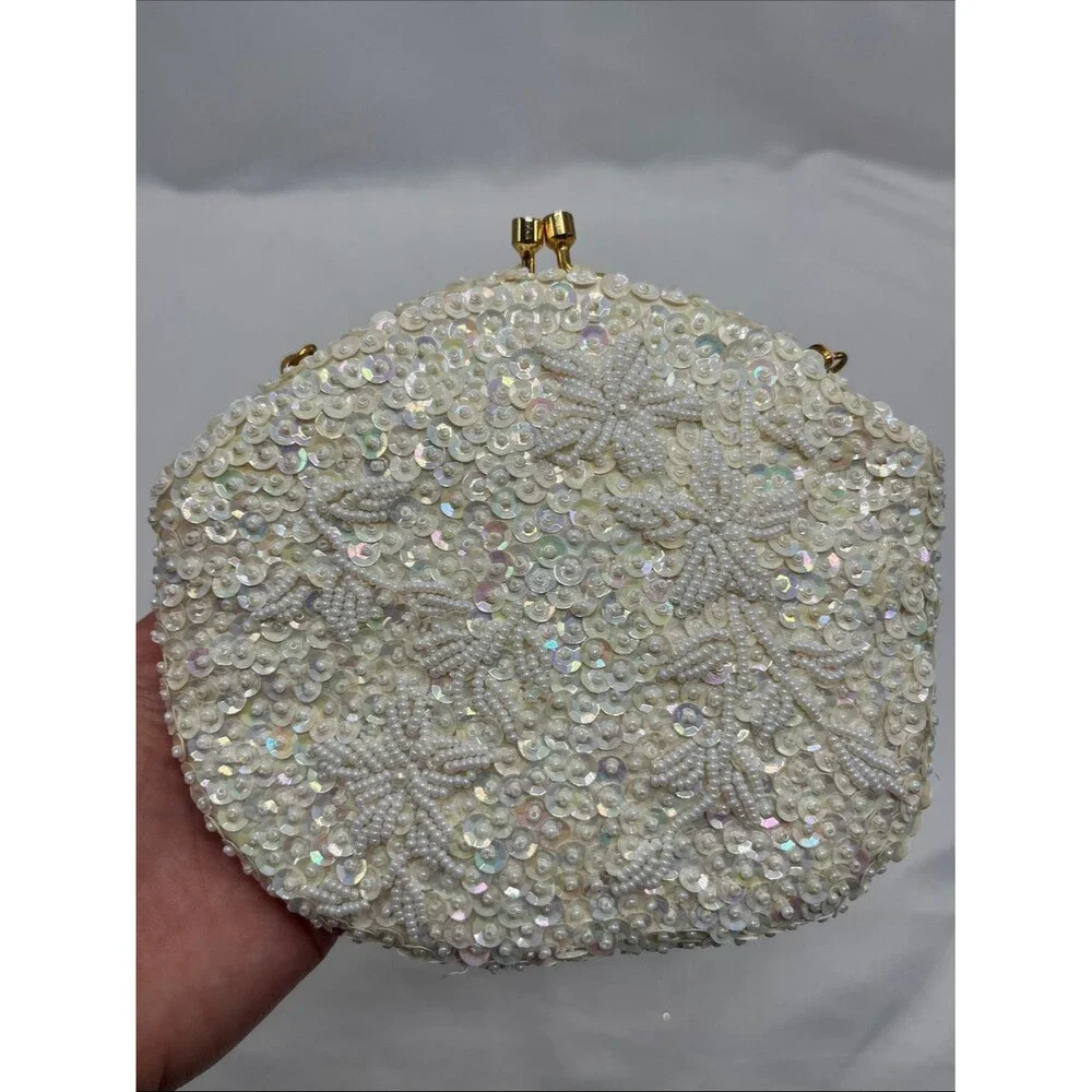Vintage 1960s Beaded Sequin White Iridescent Clutch